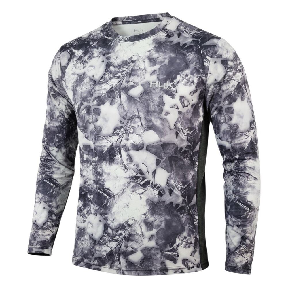 HUK Mossy Oak Fishing Camo Performance Long Sleeve Shirt White Gray S
